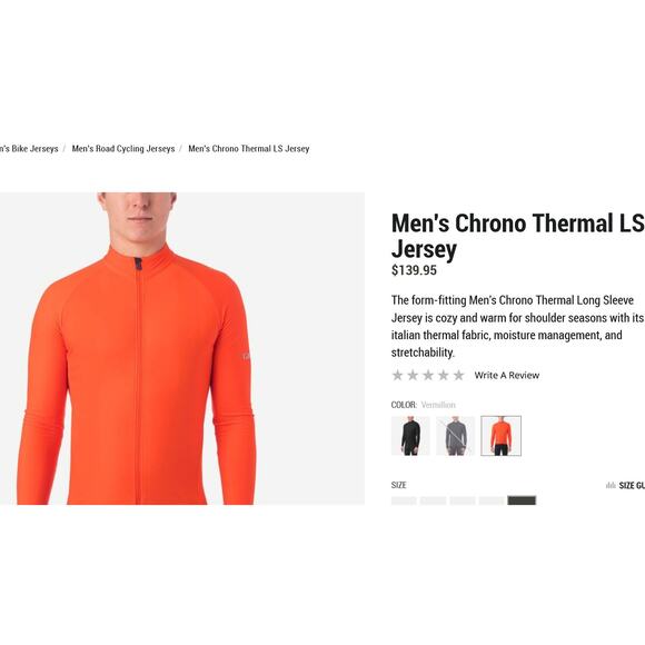 Giro Men's Chrono Thermal LS‎ Jersey in Vermillion Small Biker Gorpcore Thermal - Picture 4 of 7
